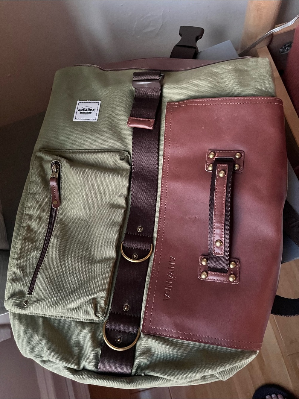 Anvanda Olive Green & Brown Leather Accent Backpack. A kickstarter project!